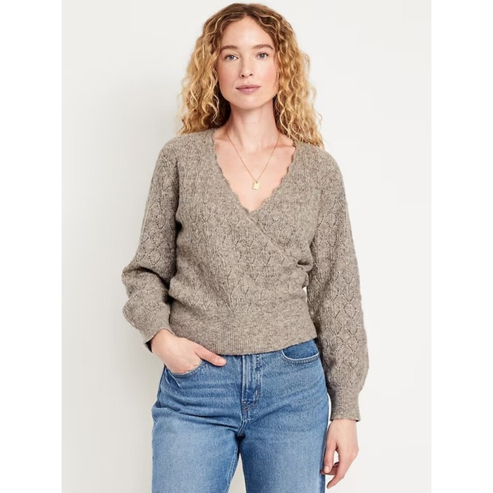 NEW Old Navy Faux Wrap Sweater Women S Beige Wool Blend Cottagecore Ethereal NWT